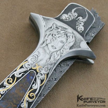 Shaun & Sharla Hansen Custom Knife Moss Agate & Damascus Engraved Credit Card Automatic Knife - Image 3