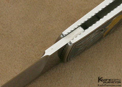 Harvey McBurnette Custom Knife Engraved Black Lip Tahitian Pearl Shell Interframe Front Lock - Image 6