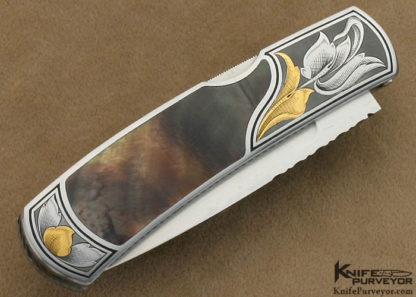 Harvey McBurnette Custom Knife Engraved Black Lip Tahitian Pearl Shell Interframe Front Lock - Image 3