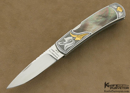 Harvey McBurnette Custom Knife Engraved Black Lip Tahitian Pearl Shell Interframe Front Lock