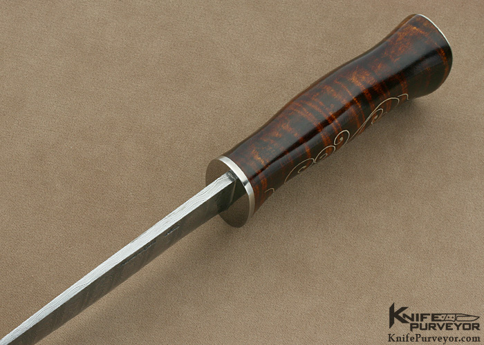 Jay Hendrickson Custom Knife M.S. Sole Authorship "Ladder Pattern" Damascus with Fine Silver Wire Inlaid Curly Maple "Classic Scandinavian Puukko" - Image 4