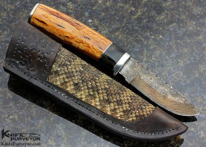 Herb Derr Custom Knife Damascus, Dyed Maple & Amber Stag Hunter - Image 3