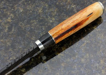 Herb Derr Custom Knife Damascus, Dyed Maple & Amber Stag Hunter - Image 4