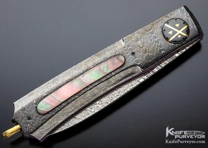 Howard Hitchmough Custom Knife Damasteel, Blued Devin Thomas Damascus & Black Lip Tahitian Pearl Shell Linerlock - Image 3
