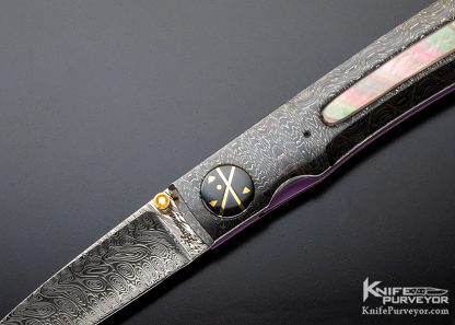 Howard Hitchmough Custom Knife Damasteel, Blued Devin Thomas Damascus & Black Lip Tahitian Pearl Shell Linerlock - Image 2