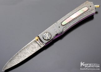 Howard Hitchmough Custom Knife Damasteel, Blued Devin Thomas Damascus & Black Lip Tahitian Pearl Shell Linerlock 4976 Open