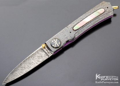 Howard Hitchmough Custom Knife Damasteel, Blued Devin Thomas Damascus & Black Lip Tahitian Pearl Shell Linerlock 4976 Open