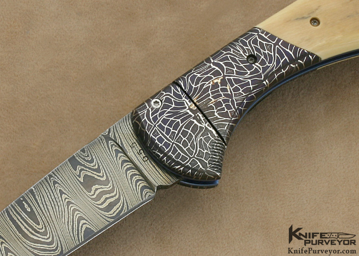 Howard Clark Mastersmith Custom Knife Siole Authorship Damascus and Mammoth Ivory Lever Release - Image 2