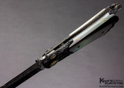 Howard Hitchmough Custom Knife Damasteel, Blued Textured Steel with 24Kt Gold Inlays & Mother of Pearl Shell Midlock - Image 5