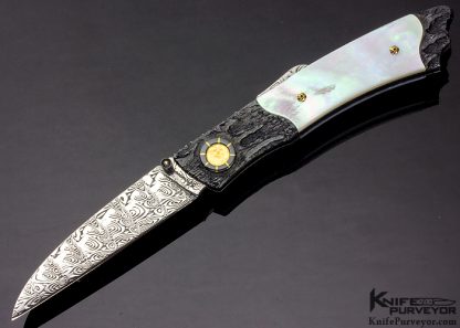 Howard Hitchmough Custom Knife Damasteel, Blued Textured Steel with 24Kt Gold Inlays & Mother of Pearl Shell Midlock