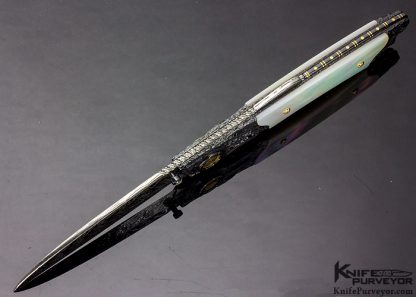Howard Hitchmough Custom Knife Damasteel, Blued Textured Steel with 24Kt Gold Inlays & Mother of Pearl Shell Midlock - Image 4