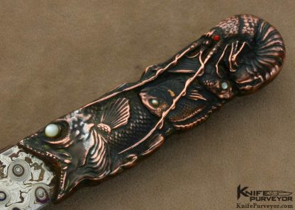Hugh Bartrug Custom Knife Sole Authorship "Frog Skin" Blued Nickel Damascus with Lost Wax Cast Phosphorus Copper "Fish Knife" - Image 2