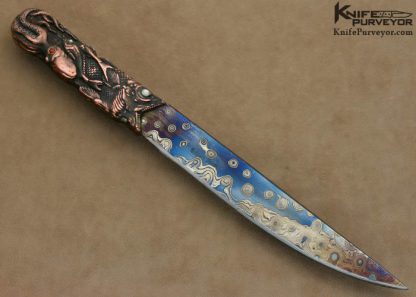 Hugh Bartrug Custom Knife Sole Authorship "Frog Skin" Blued Nickel Damascus with Lost Wax Cast Phosphorus Copper "Fish Knife" - Image 6