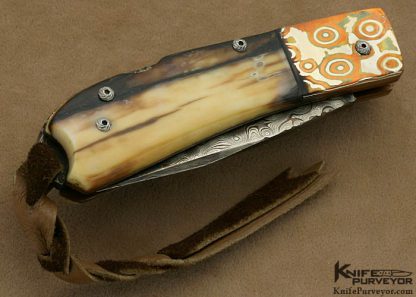 Hugh Bartrug Custom Knife Sole Authorship Nickel Damascus, Mokume and Fossilized Walrus Ivory Lockback - Image 4