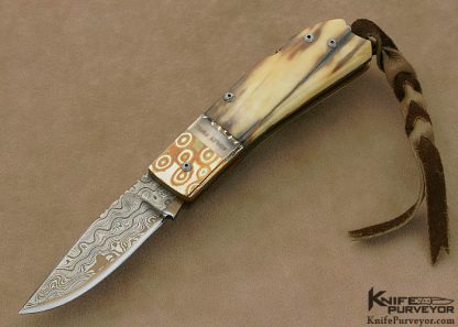 Hugh Bartrug Custom Knife Sole Authorship Nickel Damascus, Mokume and Fossilized Walrus Ivory Lockback