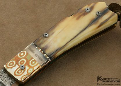 Hugh Bartrug Custom Knife Sole Authorship Nickel Damascus, Mokume and Fossilized Walrus Ivory Lockback - Image 3