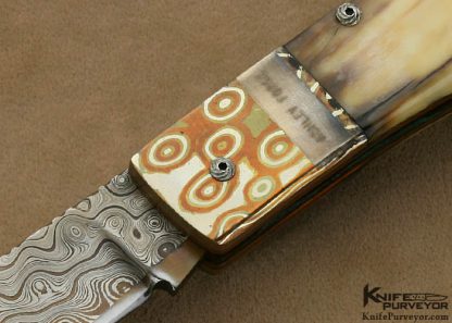 Hugh Bartrug Custom Knife Sole Authorship Nickel Damascus, Mokume and Fossilized Walrus Ivory Lockback - Image 2