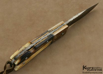 Hugh Bartrug Custom Knife Sole Authorship Nickel Damascus, Mokume and Fossilized Walrus Ivory Lockback - Image 7