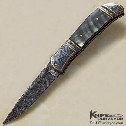 John W. Smith Custom Knives Blacklip Tahitian Pearl Shell Linerlock with Blued Sole Authorship Damascus with 24 Kt Gold Inlays