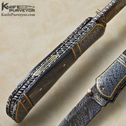 John W. Smith Custom Knives Blacklip Tahitian Pearl Shell Linerlock with Blued Sole Authorship Damascus with 24 Kt Gold Inlays - Image 4