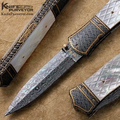 John W. Smith Custom Knives Checkered Pearl Linerlock Dagger with Blued Sole Authorship Damascus with 24 Kt Gold Inlays - Image 2