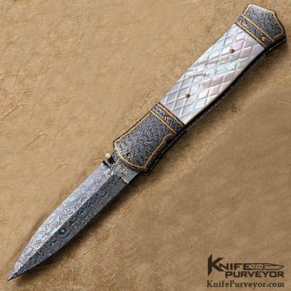 John W. Smith Custom Knives Checkered Pearl Linerlock Dagger with Blued Sole Authorship Damascus with 24 Kt Gold Inlays