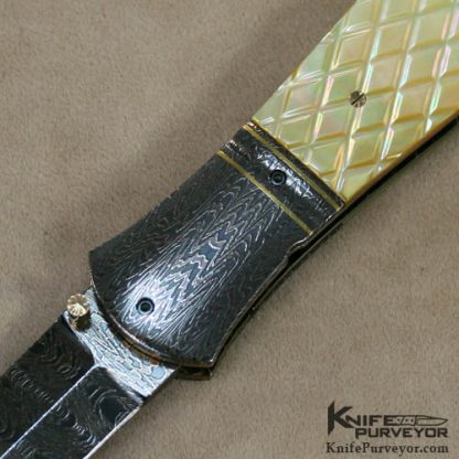 John W. Smith Custom Knife Sole Authorship Damascus Checkered Goldlip Pearl Linerlock - Image 2