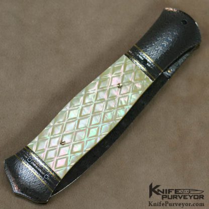 John W. Smith Custom Knife Sole Authorship Damascus Checkered Goldlip Pearl Linerlock - Image 3