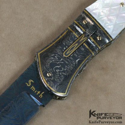 John W. Smith Custom Knife Checkered Mother of Pearl & Damascus Auto - Image 2