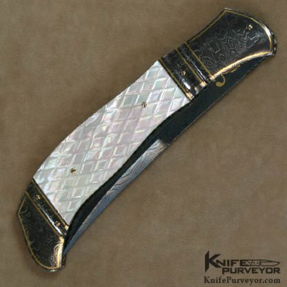 John W. Smith Custom Knife Checkered Mother of Pearl & Damascus Auto - Image 3