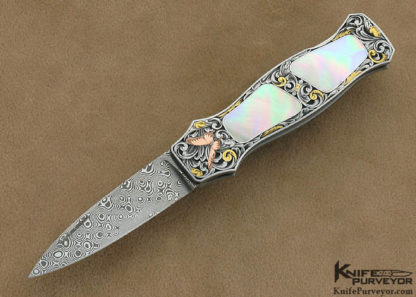 Jack Busfield Custom Knife Double Green Sea Snail Shell Interframe Lockback Dagger Engraved by Brian Hochstrat