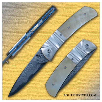 Jason William's Custom Knife: Linerlock with Sculpted Sterling Silver Bolsters and South Sea Goldlip Pearl Scales