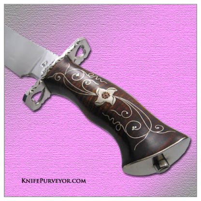 Jay Hendrickson's Custom Knife: Classic Clip Point Bowie with Forged 5160 Blade and Fine Silver Inlay with Nickle Silver Flower set in Tiger Maple - Image 2