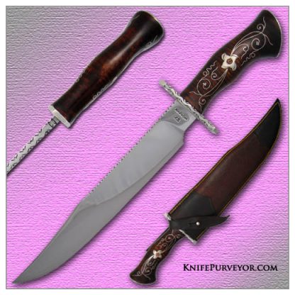 Jay Hendrickson's Custom Knife: Classic Clip Point Bowie with Forged 5160 Blade and Fine Silver Inlay with Nickle Silver Flower set in Tiger Maple