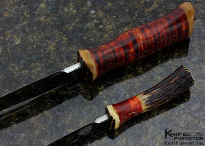 Jay Hendrickson Custom Knife Tiger Striped Maple with Fine Silver Wire Inlay and Stag Large and Small Hunter Combo Set - Image 5