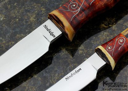 Jay Hendrickson Custom Knife Tiger Striped Maple with Fine Silver Wire Inlay and Stag Large and Small Hunter Combo Set - Image 2