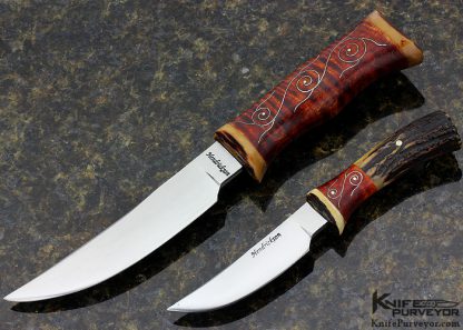 Jay Hendrickson Custom Knife Tiger Striped Maple with Fine Silver Wire Inlay and Stag Large and Small Hunter Combo Set