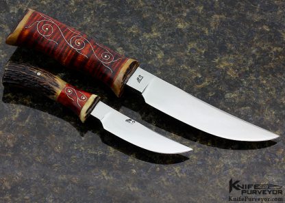 Jay Hendrickson Custom Knife Tiger Striped Maple with Fine Silver Wire Inlay and Stag Large and Small Hunter Combo Set - Image 3