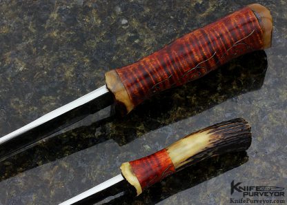 Jay Hendrickson Custom Knife Tiger Striped Maple with Fine Silver Wire Inlay and Stag Large and Small Hunter Combo Set - Image 4