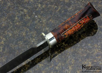 Jay Hendrickson Custom Knife Damascus Bowie with Carved Oak Leaf Decorated Tiger Stripe Maple Handle and Scabbard - Image 6