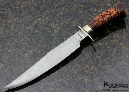 Jay Hendrickson Custom Knife Damascus Bowie with Carved Oak Leaf Decorated Tiger Stripe Maple Handle and Scabbard