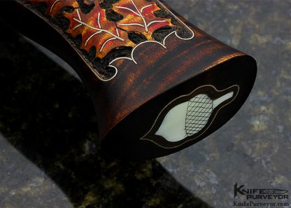 Jay Hendrickson Custom Knife Damascus Bowie with Carved Oak Leaf Decorated Tiger Stripe Maple Handle and Scabbard - Image 4