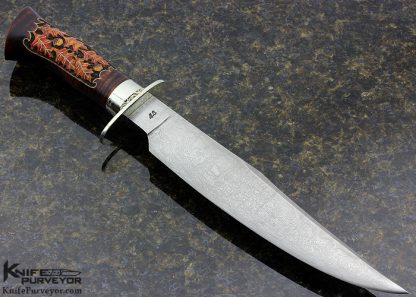 Jay Hendrickson Custom Knife Damascus Bowie with Carved Oak Leaf Decorated Tiger Stripe Maple Handle and Scabbard - Image 3
