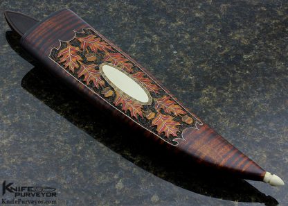 Jay Hendrickson Custom Knife Damascus Bowie with Carved Oak Leaf Decorated Tiger Stripe Maple Handle and Scabbard - Image 7