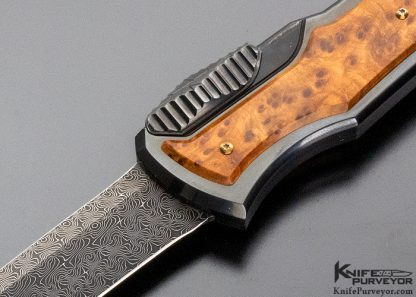 Jeff Harkins Custom Knife OTF "Midnight -Q" Tanto with Jerry Rados Turkish Twist Damascus with 3 Sets of Overlays, D-2 Kracked, Carbon Kracked, Thuya Burl - Image 2