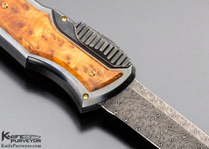 Jeff Harkins Custom Knife OTF "Midnight -Q" Tanto with Jerry Rados Turkish Twist Damascus with 3 Sets of Overlays, D-2 Kracked, Carbon Kracked, Thuya Burl - Image 4