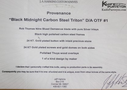 Jeff Harkins Custom Knife "Black Midnight Triton" Thuya Wood D/A OTF - Image 8