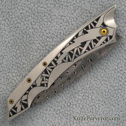 Jeff Harkins Custom Knife Alpha Automatic with Jerry Rados "Turkish Twist" Damascus Engraved by Bruce Shaw - Image 2