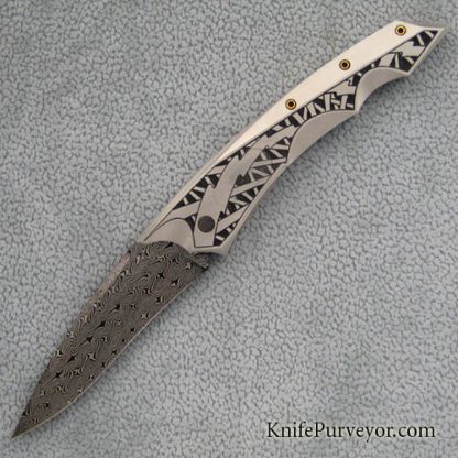 Jeff Harkins Custom Knife Alpha Automatic with Jerry Rados "Turkish Twist" Damascus Engraved by Bruce Shaw