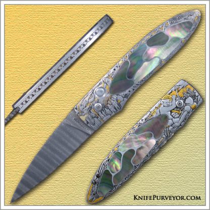 Steve Jernigan's Custom Knife: Blacklip Pearl Multiple Inlaid Automatic with Mike Norris Stainless Damascus Blade Engraved by Dan Wilkerson